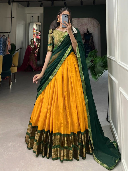 Mustard Yellow Silk Lehenga Choli with Green Dupatta & Zari Border