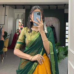 Mustard Yellow Silk Lehenga Choli with Green Dupatta & Zari Border
