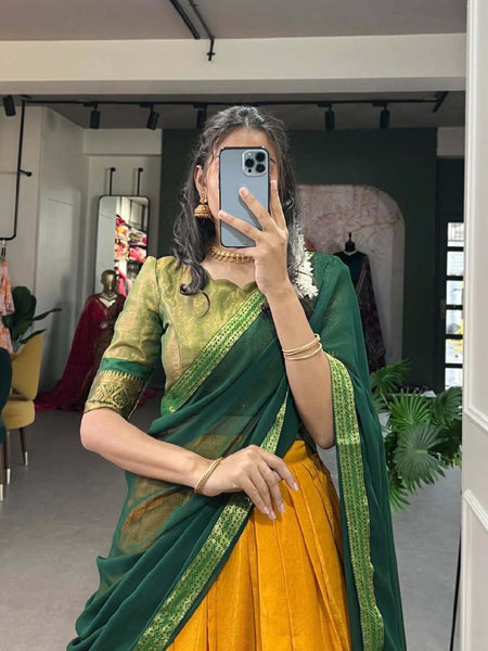 Mustard Yellow Silk Lehenga Choli with Green Dupatta & Zari Border