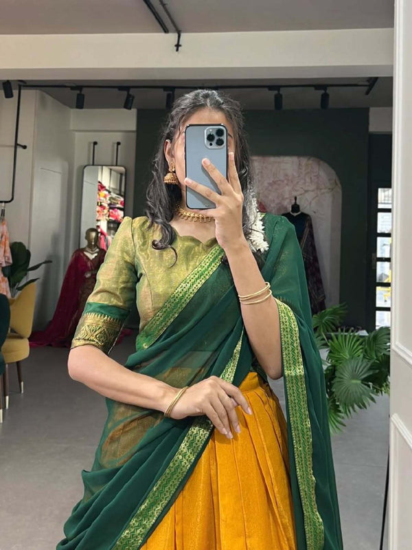 Mustard Yellow Silk Lehenga Choli with Green Dupatta & Zari Border