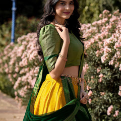 Mustard Yellow Silk Lehenga Choli with Green Dupatta & Zari Border