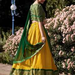 Mustard Yellow Silk Lehenga Choli with Green Dupatta & Zari Border