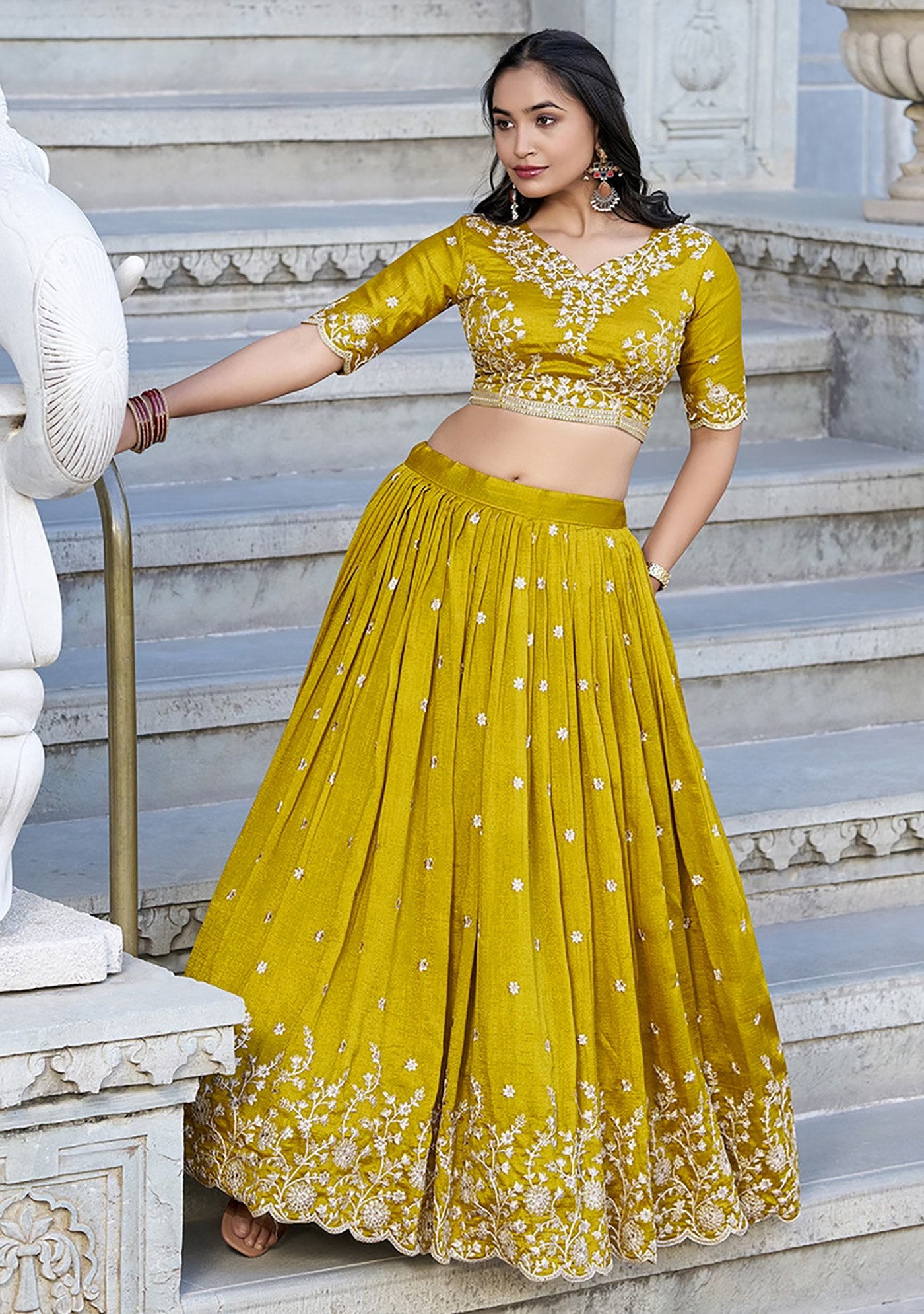 Olive Mustard Embroidered Lehenga Choli with White Thread Work & Dupatta