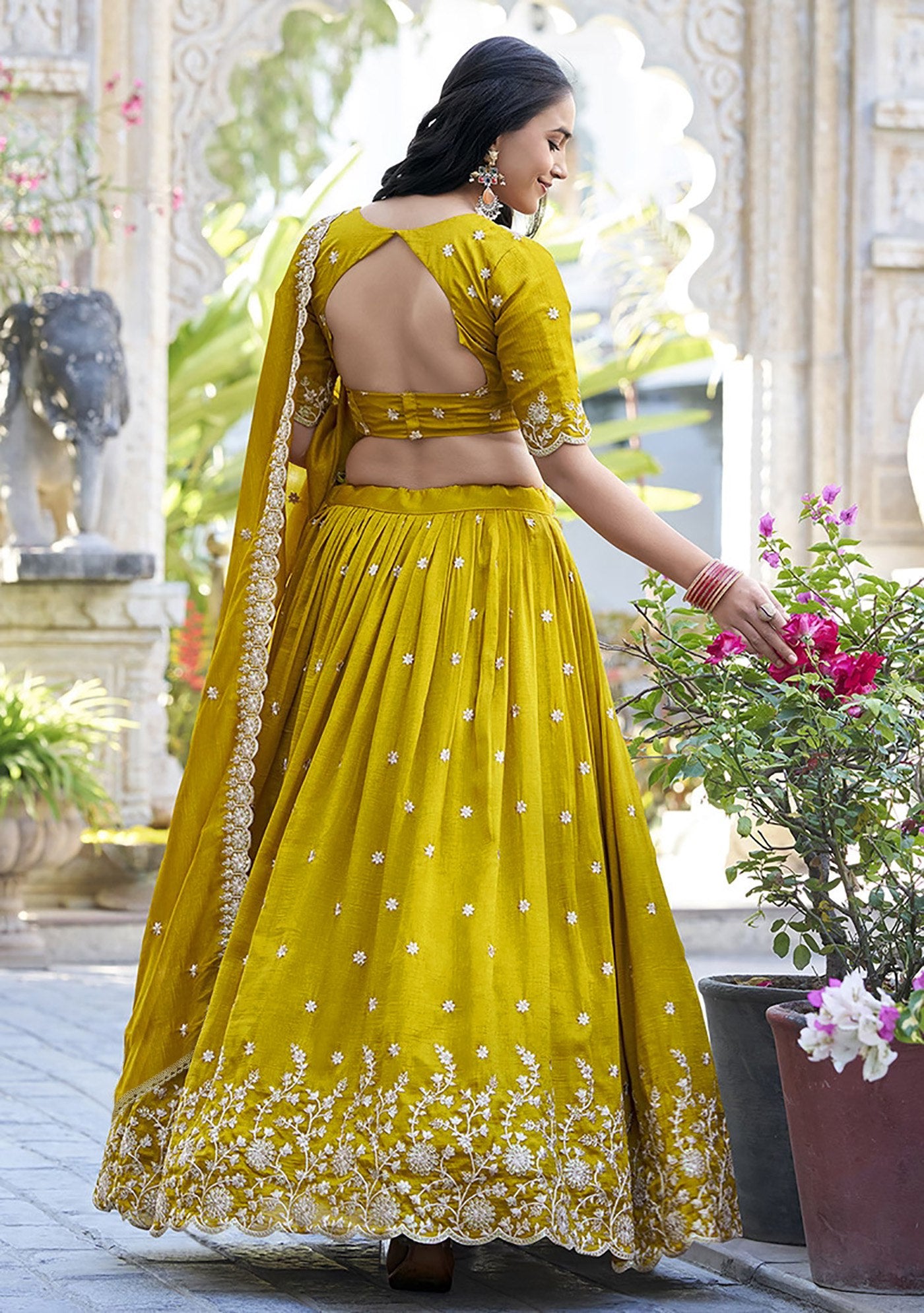 Olive Mustard Embroidered Lehenga Choli with White Thread Work & Dupatta