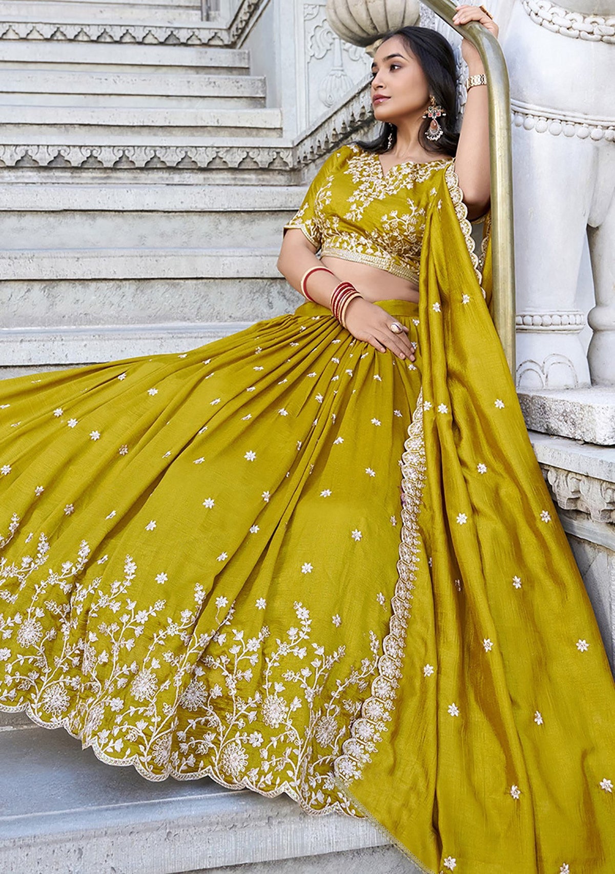 Olive Mustard Embroidered Lehenga Choli with White Thread Work & Dupatta