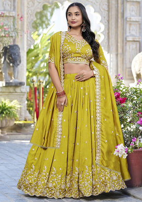 Olive Mustard Embroidered Lehenga Choli with White Thread Work & Dupatta