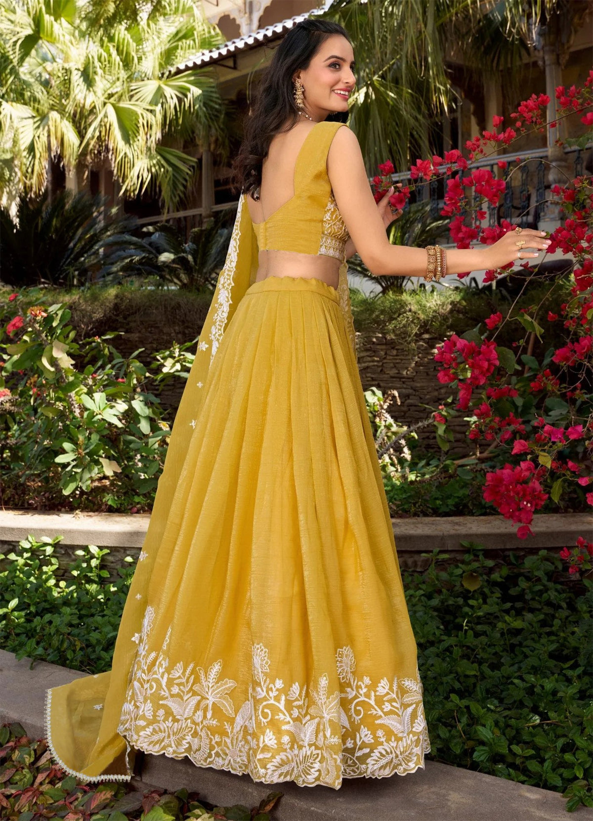 Mustard Yellow Embroidered Lehenga Choli with White Thread Work & Dupatta