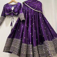 Royal Purple Silk Lehenga Choli with Heavy Gold Embroidered Border & Dupatta