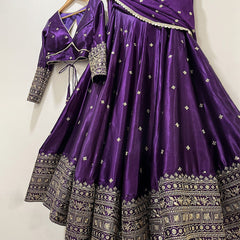 Royal Purple Silk Lehenga Choli with Heavy Gold Embroidered Border & Dupatta