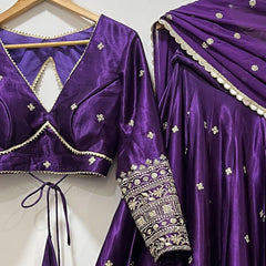 Royal Purple Silk Lehenga Choli with Heavy Gold Embroidered Border & Dupatta