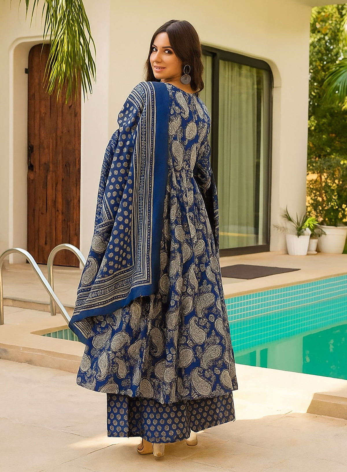 Navy Blue Paisley Printed Anarkali Kurta Palazzo Set with Dupatta for Women