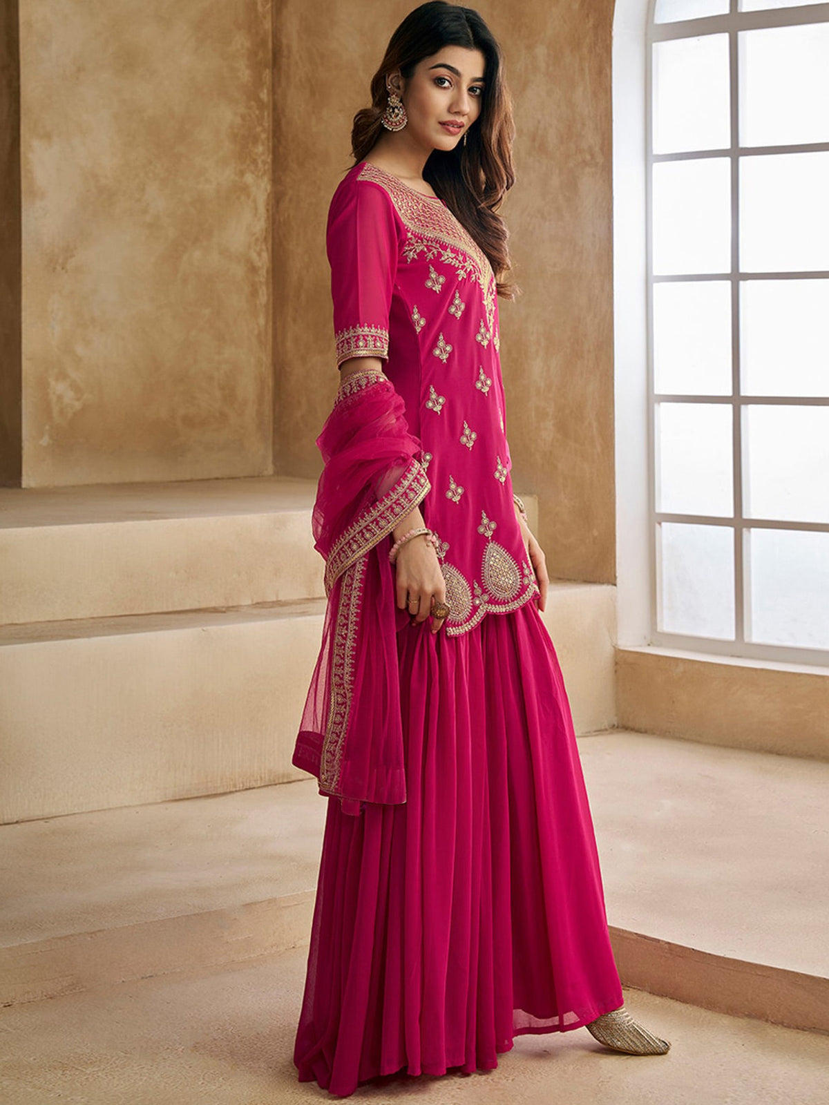 Rani Pink Heavy Embroidered Kurta Sharara Set with Net Dupatta for Women