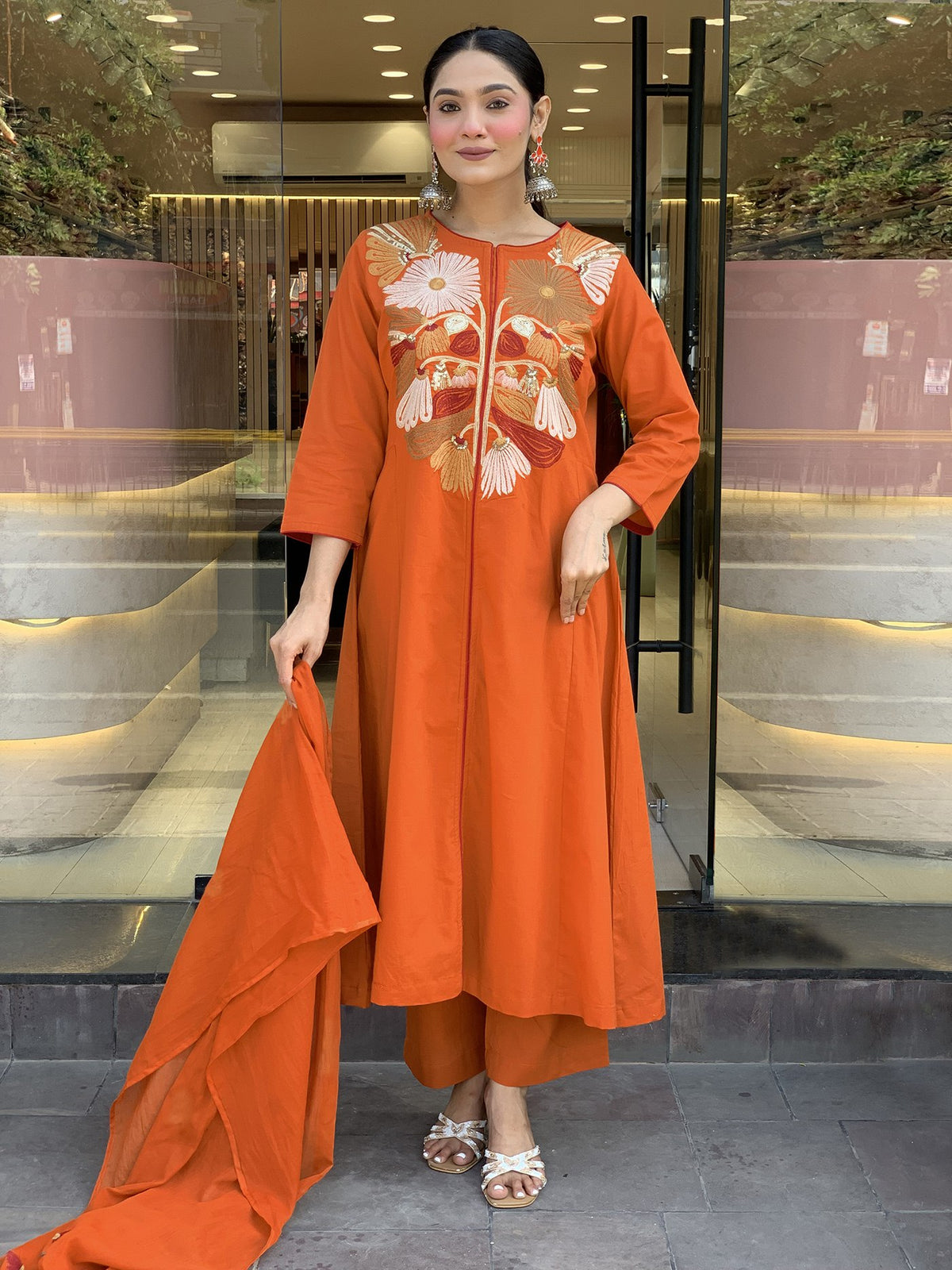 Bright Orange Floral Embroidered A-Line Kurta Palazzo Set with Dupatta for Women