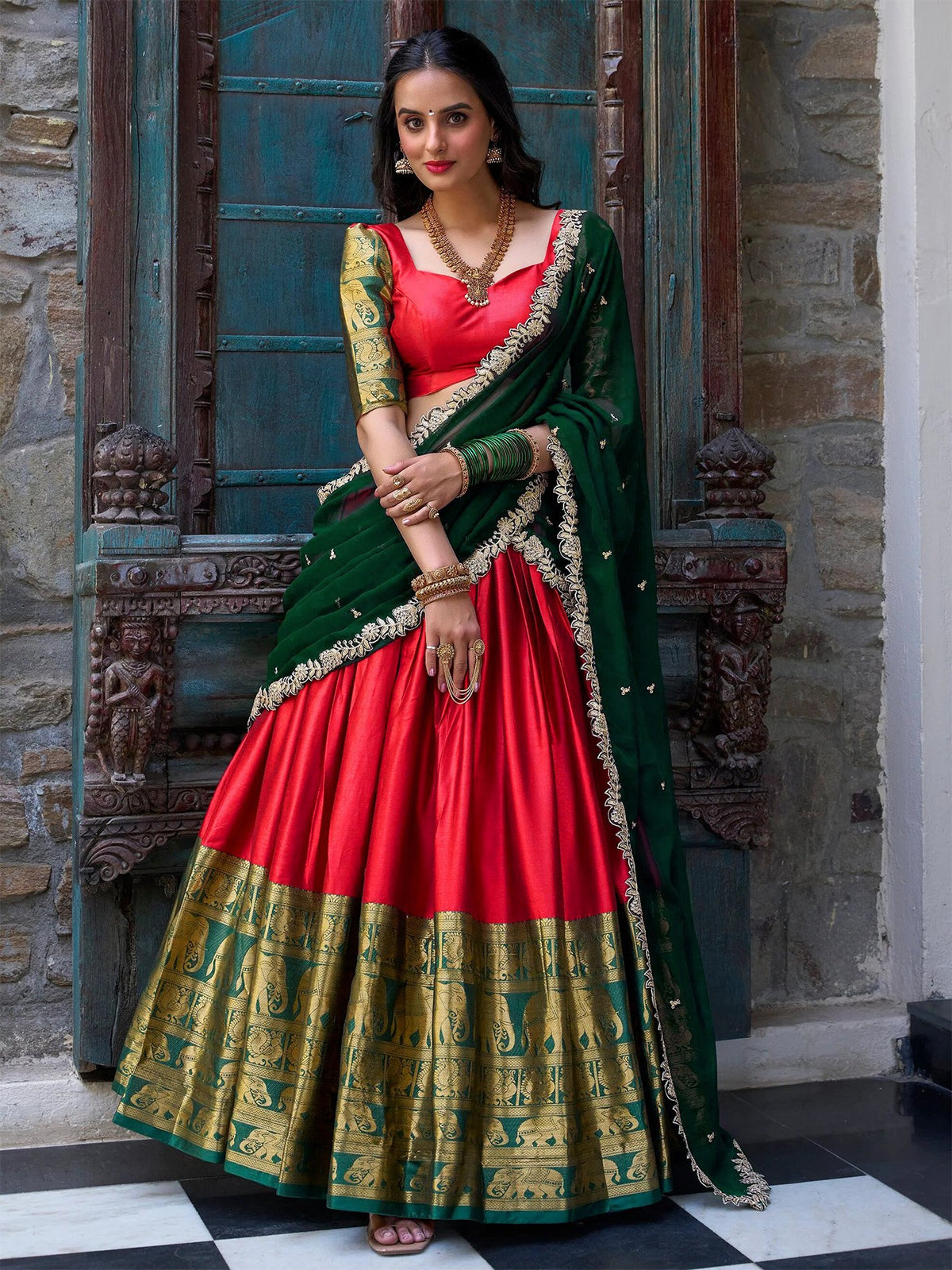 Red & Green Silk Lehenga Choli with Zari Border and Embroidered Dupatta