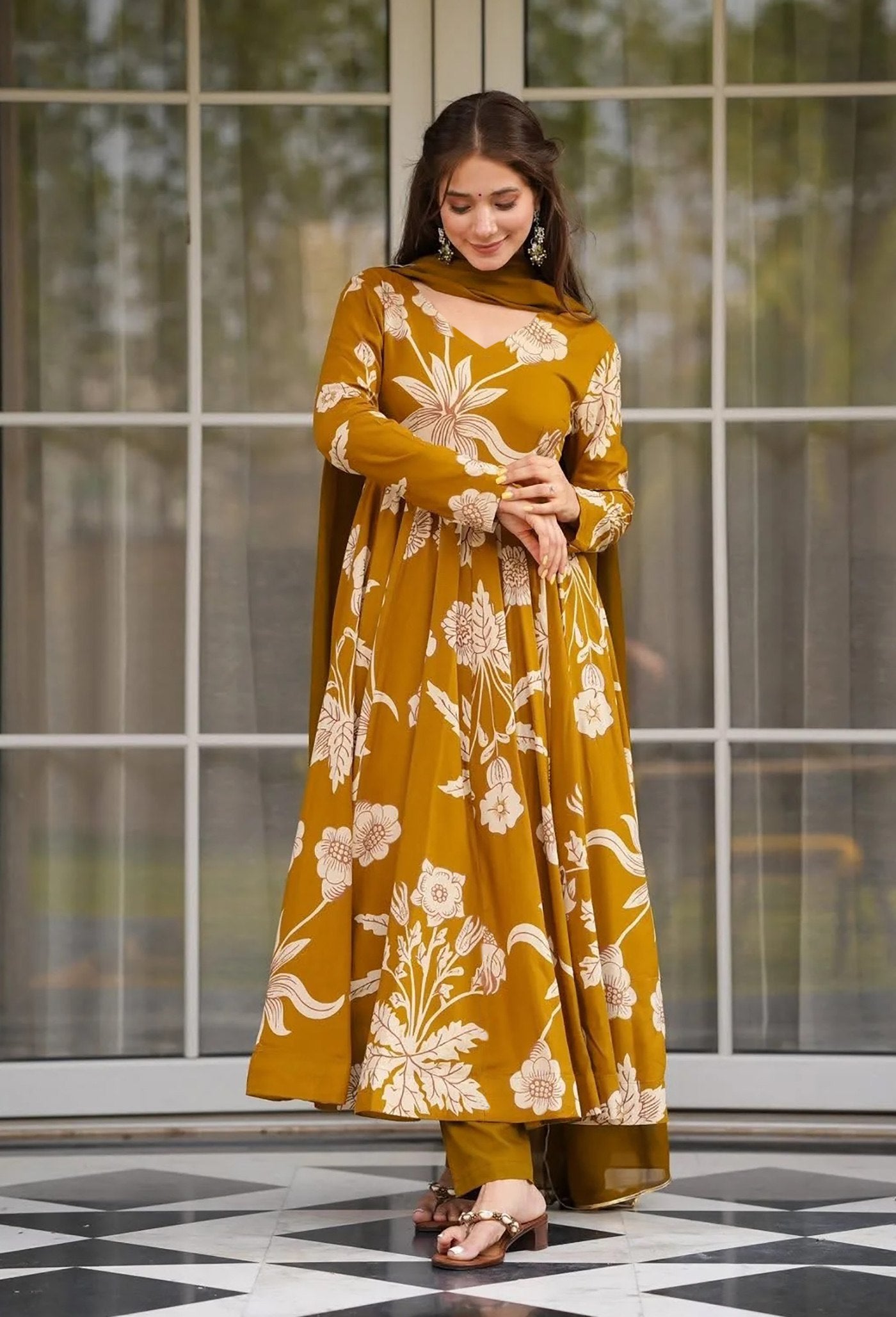 Mustard Yellow Floral Printed Anarkali Kurta Pant Set with Dupatta for Women