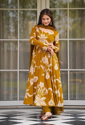 Mustard Yellow Floral Printed Anarkali Kurta Pant Set with Dupatta for Women
