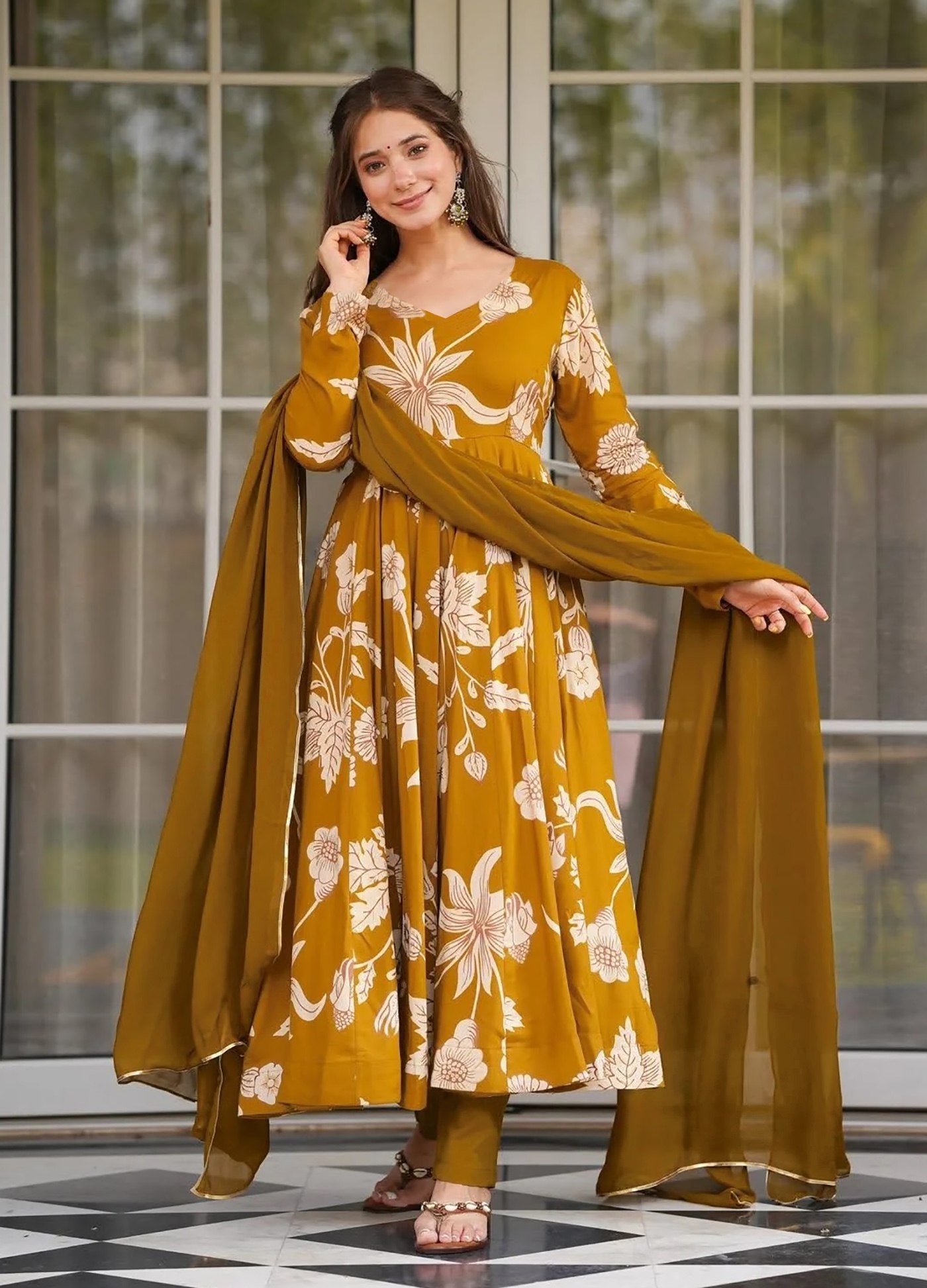Mustard Yellow Floral Printed Anarkali Kurta Pant Set with Dupatta for Women