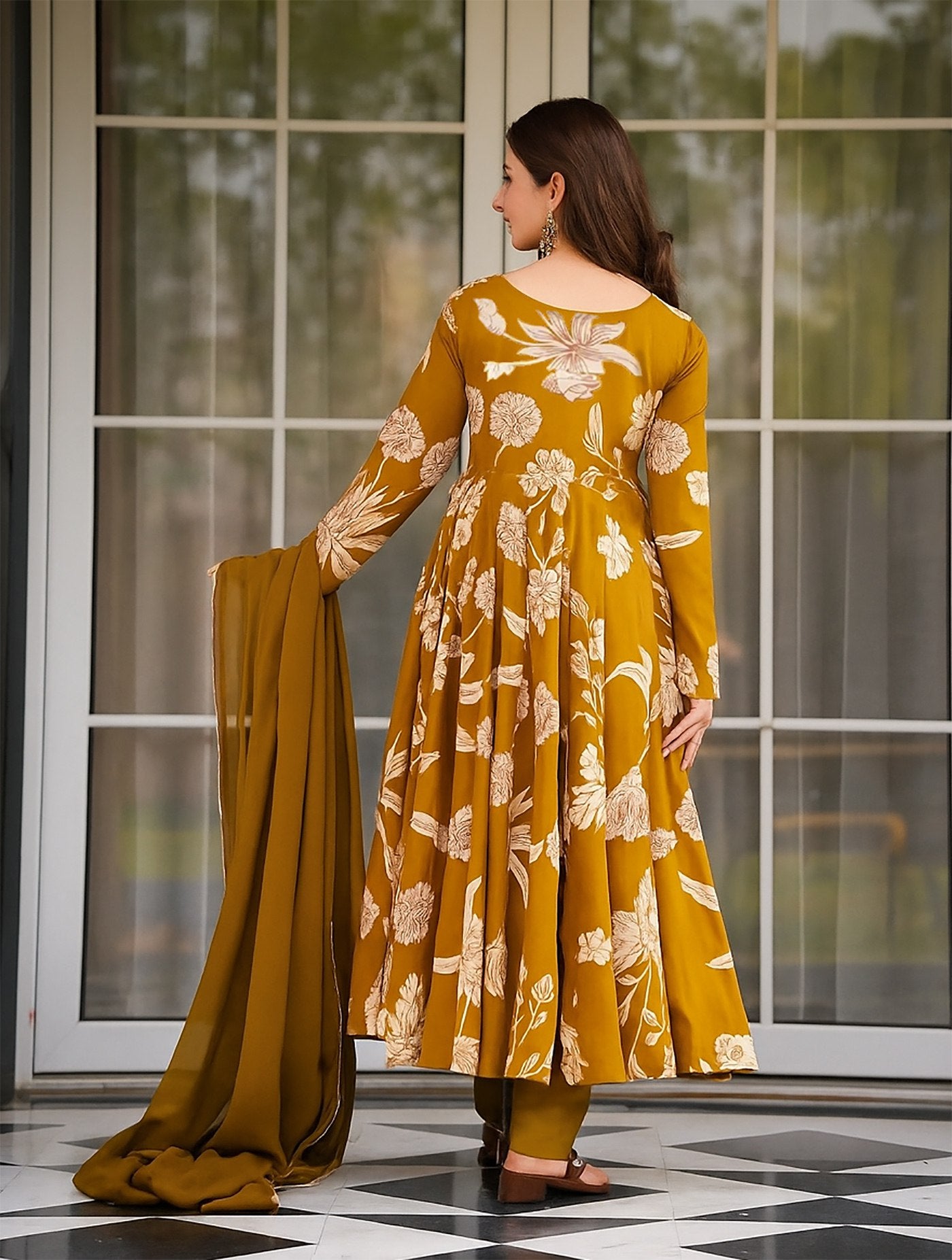 Mustard Yellow Floral Printed Anarkali Kurta Pant Set with Dupatta for Women
