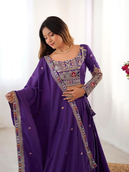 Royal Purple Embroidered Lehenga Choli with Heavy Traditional Border
