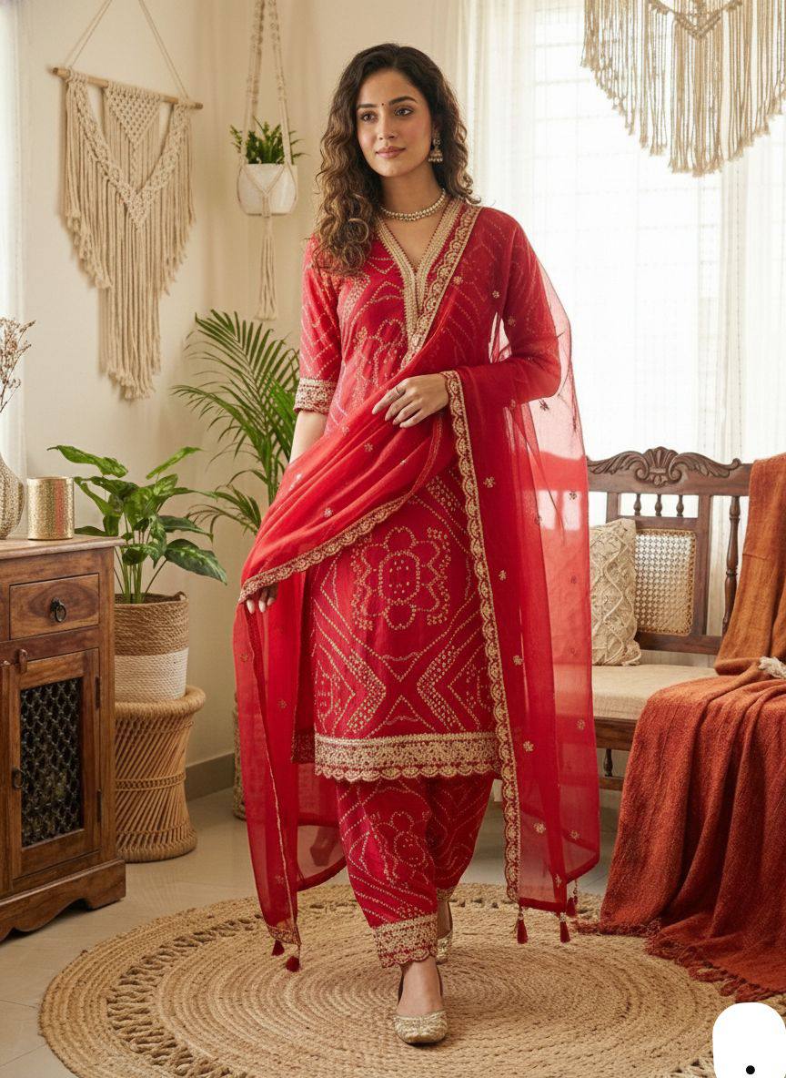 Red Embroidered Festive Kurta Set for Women with Dupatta & Pant