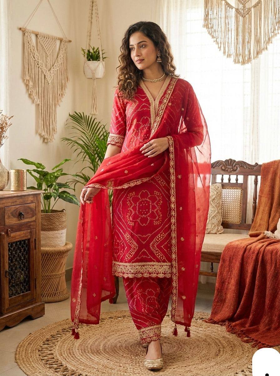 Red Embroidered Festive Kurta Set for Women with Dupatta & Pant