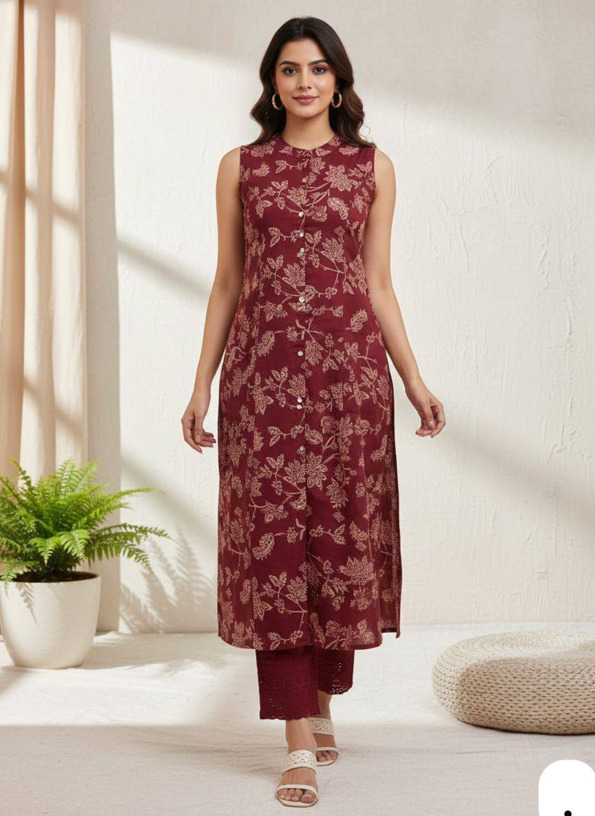 Maroon Floral Printed Sleeveless Straight Kurta for Women with Matching Palazzo