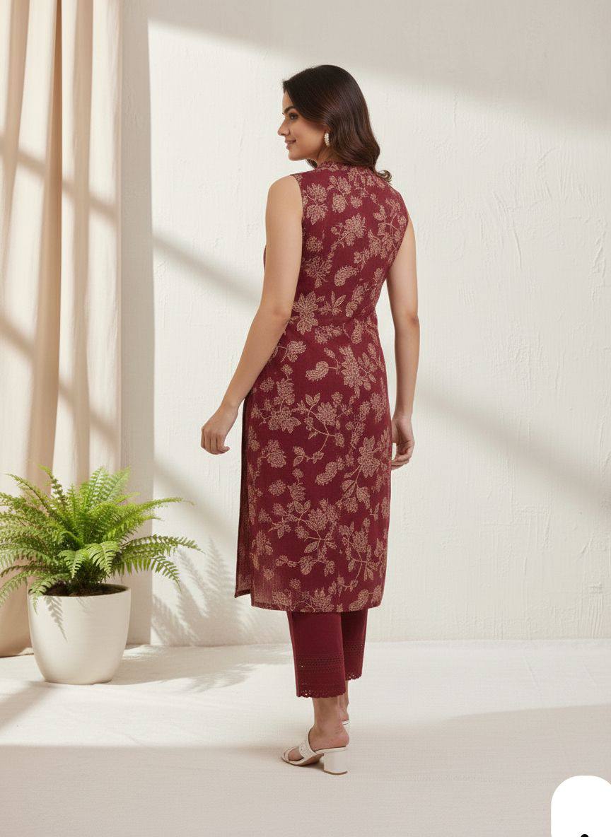 Maroon Floral Printed Sleeveless Straight Kurta for Women with Matching Palazzo