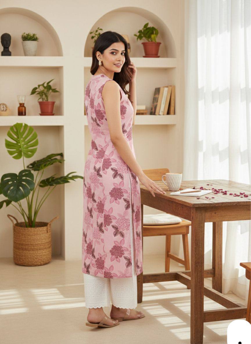 Blush Pink Floral Printed Sleeveless Straight Kurta for Women with White Palazzo