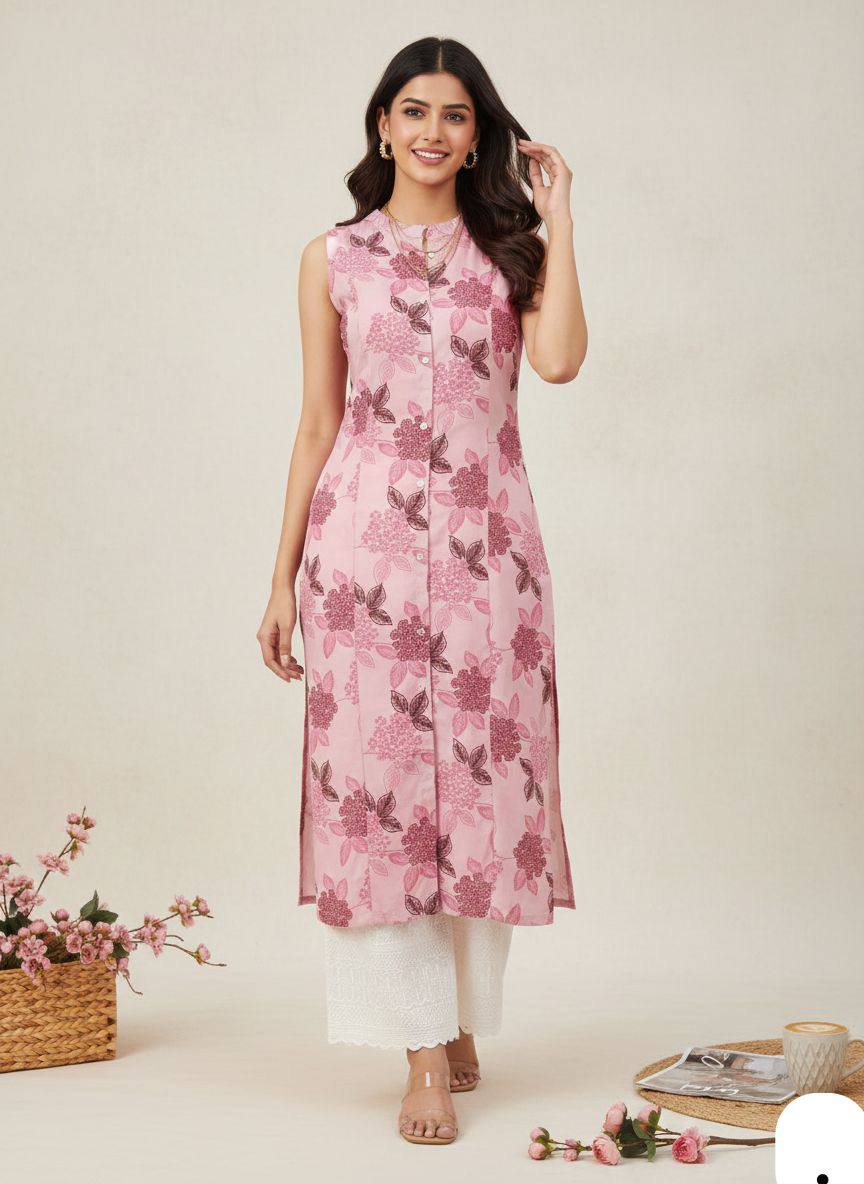 Blush Pink Floral Printed Sleeveless Straight Kurta for Women with White Palazzo