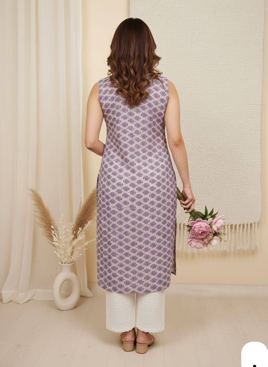 Lavender Printed Straight Kurta for Women with White Palazzo