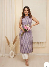 Lavender Printed Straight Kurta for Women with White Palazzo
