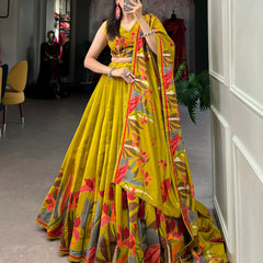 Mustard Green Floral Printed Lehenga Choli with Designer Dupatta