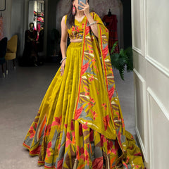 Mustard Green Floral Printed Lehenga Choli with Designer Dupatta