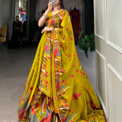 Mustard Green Floral Printed Lehenga Choli with Designer Dupatta