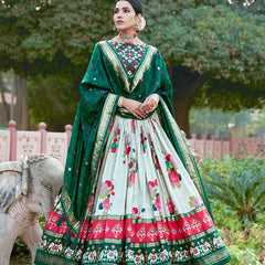 Green Floral Printed Lehenga Choli with Silk Dupatta & Traditional Border