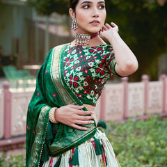 Green Floral Printed Lehenga Choli with Silk Dupatta & Traditional Border
