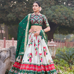 Green Floral Printed Lehenga Choli with Silk Dupatta & Traditional Border