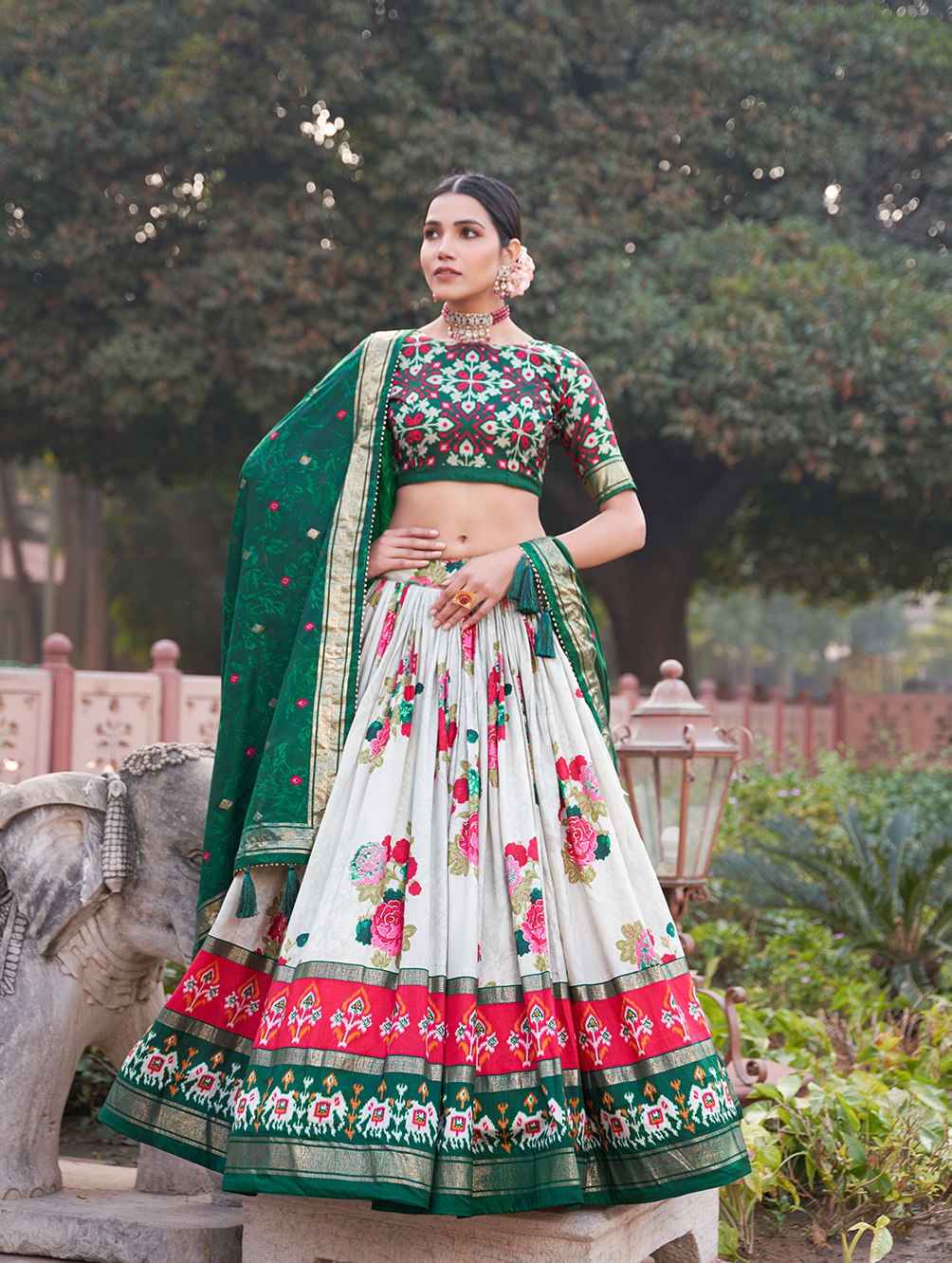 Green Floral Printed Lehenga Choli with Silk Dupatta & Traditional Border