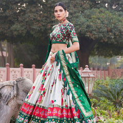 Green Floral Printed Lehenga Choli with Silk Dupatta & Traditional Border