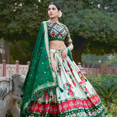 Green Floral Printed Lehenga Choli with Silk Dupatta & Traditional Border
