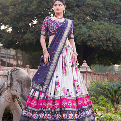 Navy Blue Floral Printed Lehenga Choli with Silk Dupatta & Traditional Border