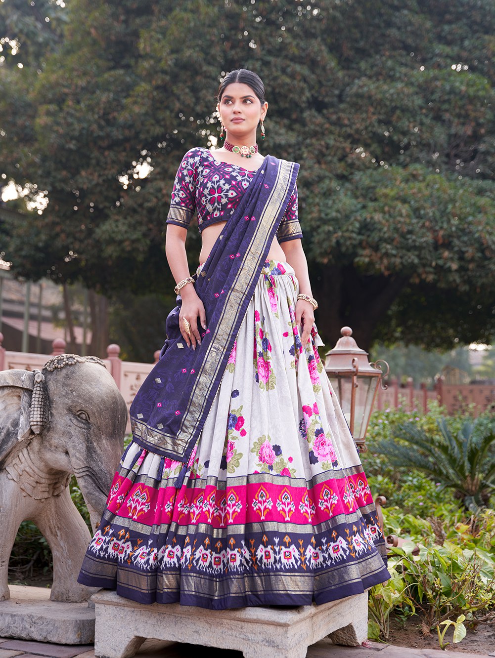 Navy Blue Floral Printed Lehenga Choli with Silk Dupatta & Traditional Border