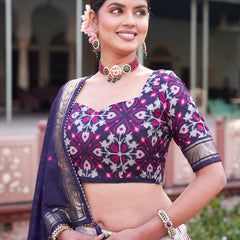 Navy Blue Floral Printed Lehenga Choli with Silk Dupatta & Traditional Border