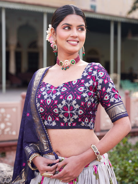 Navy Blue Floral Printed Lehenga Choli with Silk Dupatta & Traditional Border