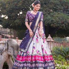 Navy Blue Floral Printed Lehenga Choli with Silk Dupatta & Traditional Border