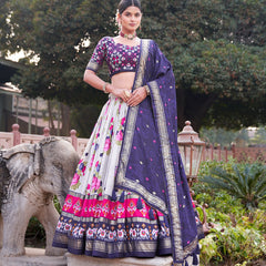 Navy Blue Floral Printed Lehenga Choli with Silk Dupatta & Traditional Border