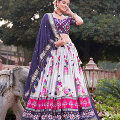 Navy Blue Floral Printed Lehenga Choli with Silk Dupatta & Traditional Border