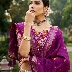 Purple Floral Printed Lehenga Choli with Silk Dupatta & Traditional Border