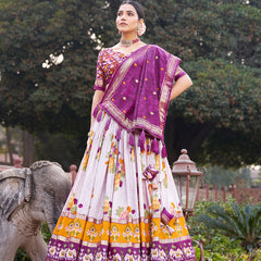 Purple Floral Printed Lehenga Choli with Silk Dupatta & Traditional Border