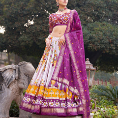 Purple Floral Printed Lehenga Choli with Silk Dupatta & Traditional Border